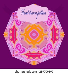 Circular oriental pattern of floral motifs on a background, label. Hand drawn.