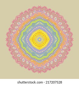 Circular oriental pattern of pale multicolored shapes on a pale yellow background. Handmade.