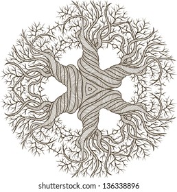 Circular ornament from abstract tree with curling barrel.