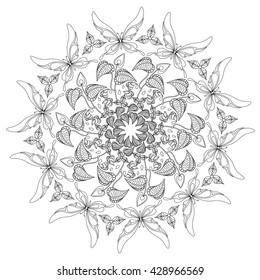 A circular ornament of butterflies, flowers and leaves
