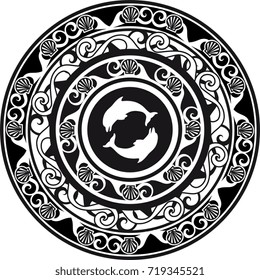 circular ornament, delf and shell black and white