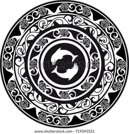 circular ornament, delf and shell black and white