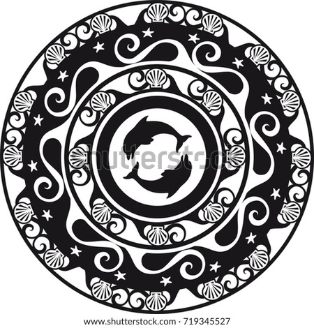 circular ornament, delf and shell black and white