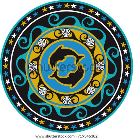 circular ornament, delf and shell colored