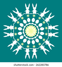 Circular ornament with Easter eggs and bunnies. Vector illustration with simple white silhouettes against a dark background.