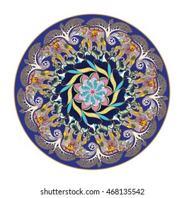 Circular ornament with elephants, a symbol of pacifism, trees and flowers