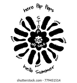 Circular ornament of flip flops and footprint on white background. Vector illusrtation, text Stop, here flip flops, hello summer, 50% off sale. You can use for design of textiles, posters, leaflets.