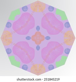 Circular ornament of floral pale  motif and colored text  on a gradient gray   background. Hand drawn.