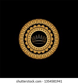 Circular ornament with a flower pattern, small four-pointed asterisks and a gold crown in the center. Vector illustration.