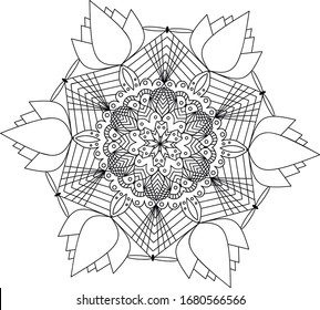 Circular ornament in form of mandala for Henna, Mehndi, tattoo. Pattern in ethnic oriental style. Coloring page 
