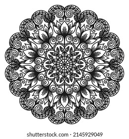 Circular ornament in the form of a mandala. Monochrome oriental pattern. Round arabesque. Coloring page. Decorative pattern for mehndi, tattoo, logo. Vector illustration.