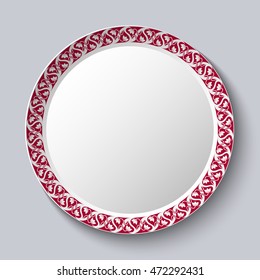 Circular ornament frame applied to a decorative porcelain plate. Vector illustration.
