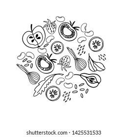 Circular ornament with fruit, vegetables, beans, greens. Black and white illustration for coloring book