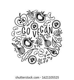 Circular ornament with fruit, vegetables, beans, greens and veganism slogan. Black and white illustration for coloring book. Veganism concept