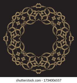 Ornamento circular de líneas de encaje entrelazadas. Marco decorativo de oro. El lugar del texto. Aplicable a los monogramas, logotipo, invitación a la boda, menú. Gráficos vectoriales.