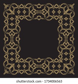 Circular ornament of interlocking lace lines. Gold decorative frame. The place for the text. Applicable for monograms, logo, wedding invitation, menu. Vector graphics.