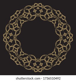 Circular ornament of interlocking lace lines. Gold decorative frame. The place for the text. Applicable for monograms, logo, wedding invitation, menu. Vector graphics.