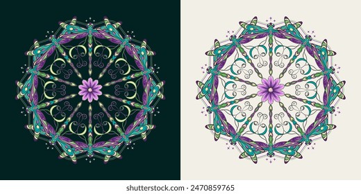 Circular ornament like mandala with chamomile flower in center, fantasy colored dragonfly with curled antennae in Art Nouveau style. Vintage style.