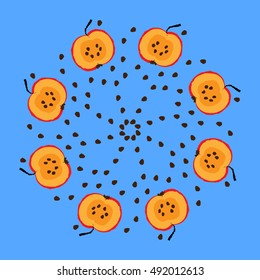 Circular ornament made from apples. Blue background. Ideal for website design, advertising, labels, packaging, printing. Vector. Illustration.