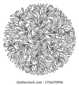 Circular ornament with magnolia flowers and leaves. Vector coloring book for adults and teenagers with small details. Floral print in a circle, composition in squares, postcard coloring, beautiful