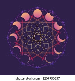 Circular ornament with moon in different phases. Viccan symbol of a white goddess. Line drawing isolated on a deep violet background. Tattoo design. EPS10 vector illustration