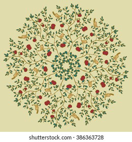 Circular ornament on a beige background with birds on branch, apples, Paradise, traditional patterns, national, for painting walls, stencil, paper

