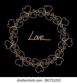 Circular ornament on a black background, gold, wedding, love heart 