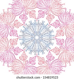 Circular ornament with red and blue delicate lines on a white background