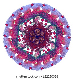Circular ornament with seahorse, starfish and coral reefs in Art Nouveau style. Intricate composition, bright colours. Mandala tatoo. Textile print. EPS10 vector illustration.
