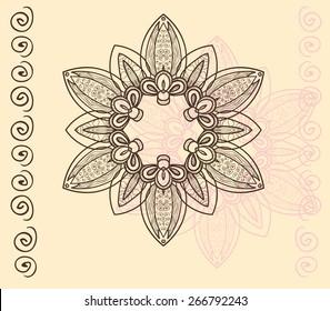 Circular ornament with swirls in pink and brown on vanilla background. Vector illustration