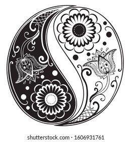 Circular ornament yin yang sign paisley design.