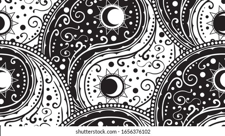 Circular ornament yin yang sign paisley design.