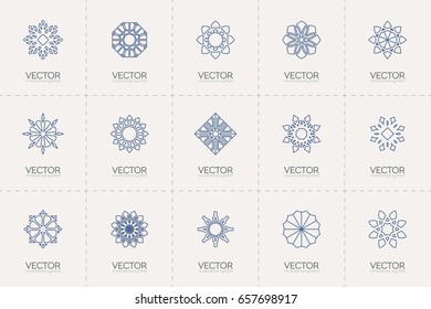 Circular ornamental logo templates set. Vector linear arabic geometric symbols