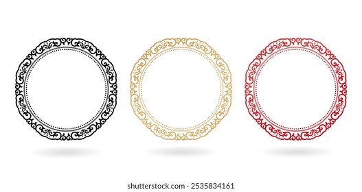 circular ornamental motif with rope inside round frames with three set colors isolated white backgrounds for texts applicable accessories, invitation birthday cards, gift paper, screen printing glass