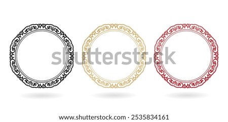 circular ornamental motif with rope inside round frames with three set colors isolated white backgrounds for texts applicable accessories, invitation birthday cards, gift paper, screen printing glass