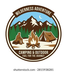 A circular outdoor adventure emblem featuring a campfire, a tent, and a person sitting in front of a mountain landscape. Perfect for travel, hiking, and camping.