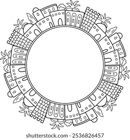 Desenho de contorno circular da antiga moldura da paisagem urbana. Usar como espaço de cópia de modelo para saudações, convites, eventos religiosos e históricos da cidade
