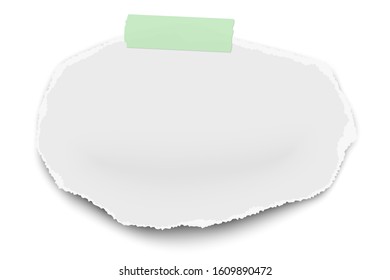 Circular oval vector torn paper wisp on sticky adhesive tape with soft shadow isolated on white background.