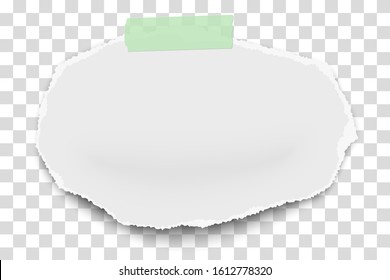 Circular oval vector torn paper wisp on sticky adhesive tape with soft shadow isolated on transparent background.