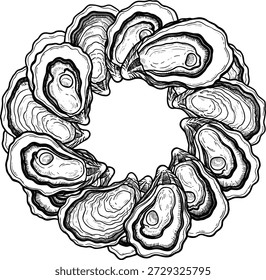 Ilustração circular da coroa de casca de ostra em preto e branco, arte detalhada da linha para frutos do mar, marinho, temas de design decorativo