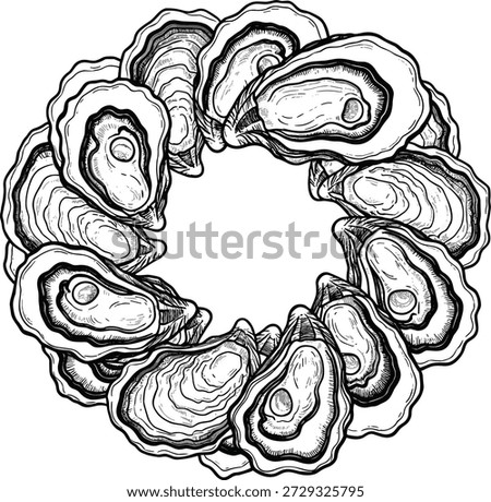 Circular oyster shell wreath illustration in black and white, detailed line art for seafood, marine, decorative design themes