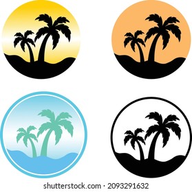 Palmera circular en un conjunto de logotipo de vectores de playa , pegatinas, sellos, insignias y etiquetas sin texto para vacaciones de verano y turismo.