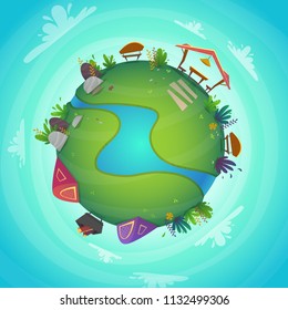 circular panorama park camping vocations view miniature planet concept with river . green peace nature , plants and flowers concept . ecology concept illustration . funny cheerful colorful landscape