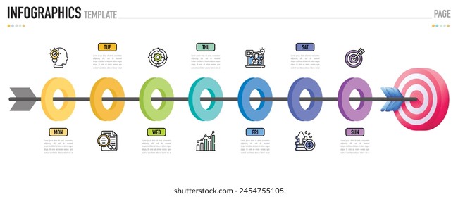 Circular paper origami timeline weekly infographic template or element with 7 day, step, process, option, colorful rectangle, bar, column, arrow