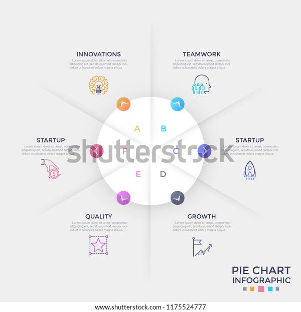 Circular paper white diagram divided into 6 equal\
parts with colorful arrows pointing at linear icons and text boxes.\
Simple infographic design template. Vector illustration for\
brochure, report.