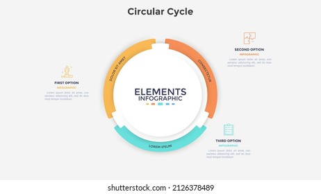 Diagrama circular de papel blanco dividido en 3 partes. Concepto de tres opciones de estrategia de desarrollo de proyectos de inicio. Ilustración simple de vectores de infografía plana para la visualización de datos empresariales.