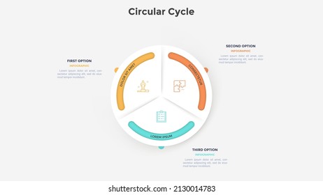 Circular paper white pie diagram divided into three sectors. Concept of 3 parts of service provided by company. Simple flat vector illustration for project data visualization, business analytics.