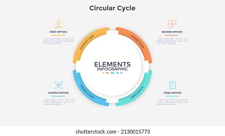 Circular Paper White Pie Diagram Divided Into 4 Parts. Concept Of Four Options Of Startup Project Development Strategy. Simple Flat Infographic Vector Illustration For Business Data Visualization.