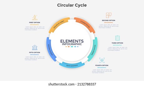Circular paper white pie diagram divided into 5 parts. Concept of five options of startup project development strategy. Simple flat infographic vector illustration for business data visualization.
