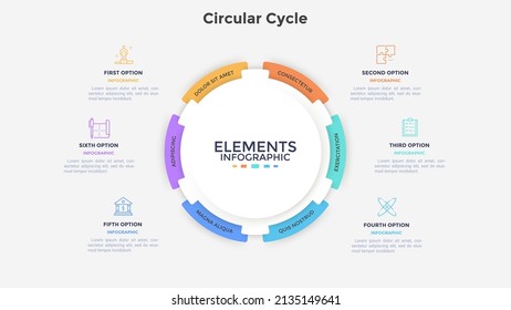 Circular paper white pie diagram divided into 6 parts. Concept of six options of startup project development strategy. Simple flat infographic vector illustration for business data visualization.